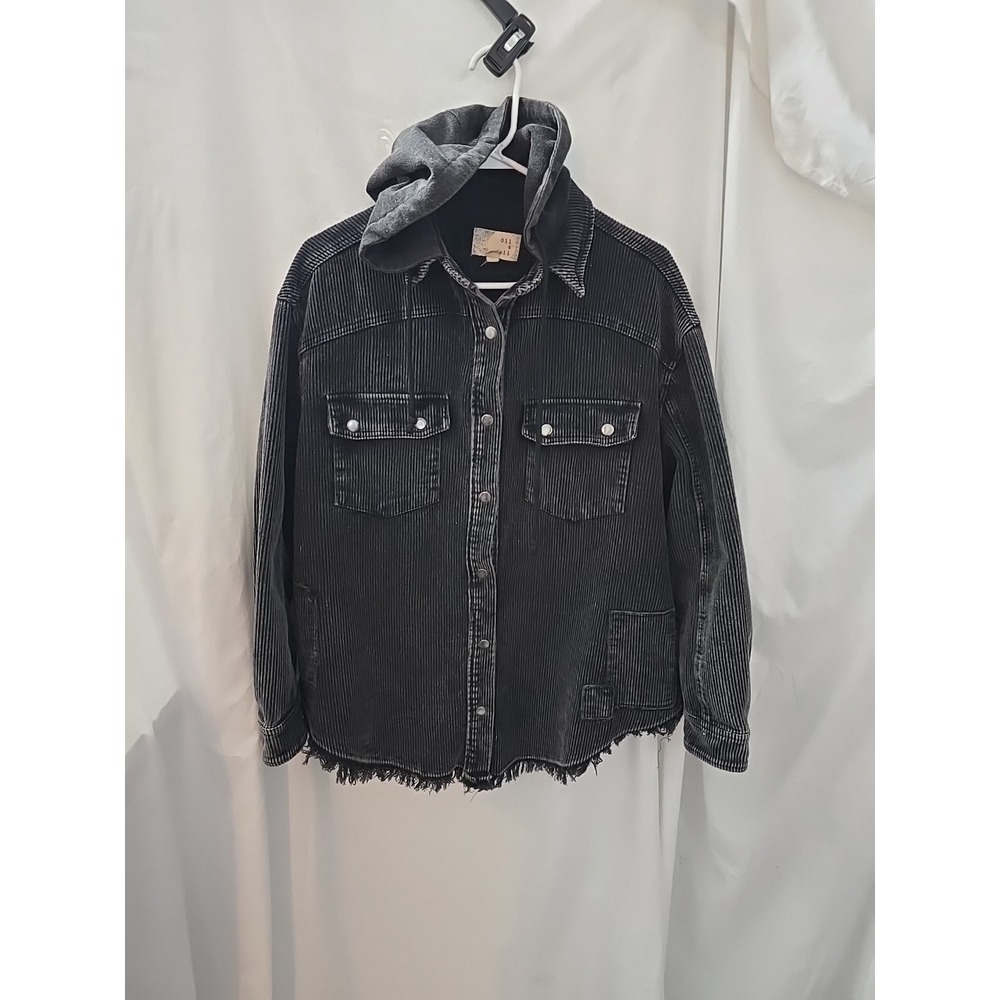 Oli & Hali Women Corduroy Snap Front Hooded Shacket Sz M Black Raw Hem Cotton